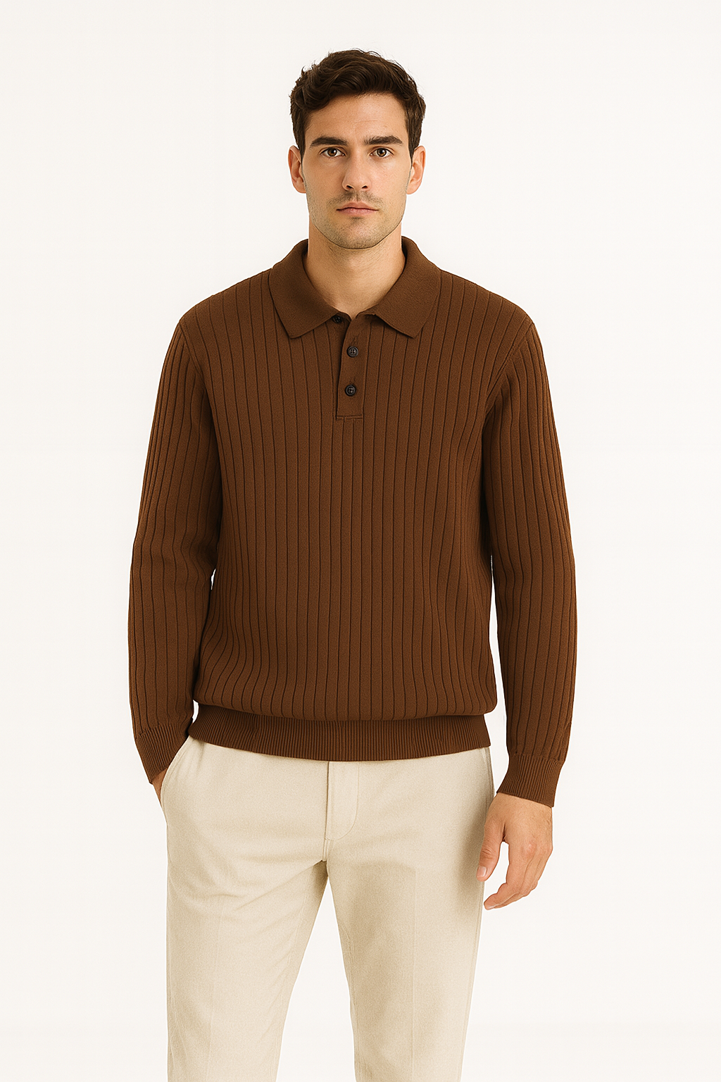 Men’s Long Sleeve Polo Shirt | Cotton Ribbed Knit | Classic Collar | Timeless Comfort