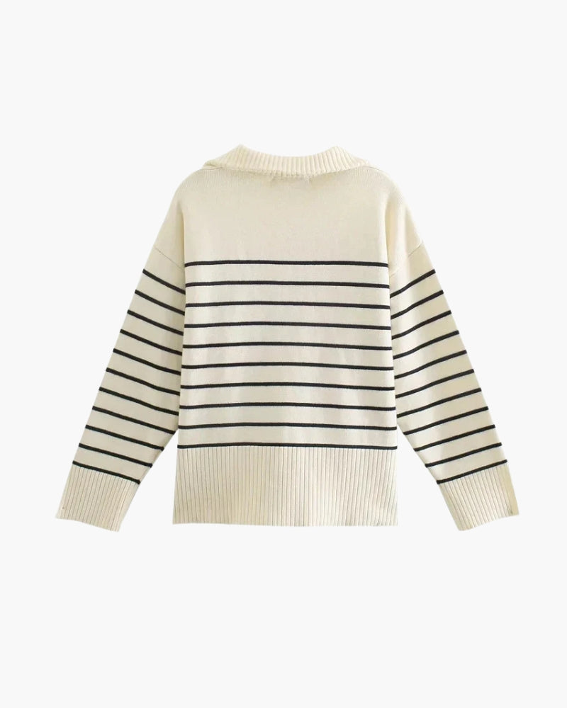 Women’s Knit Sweater | Striped Cream & Navy | Zip-Up Design | Cozy Comfort