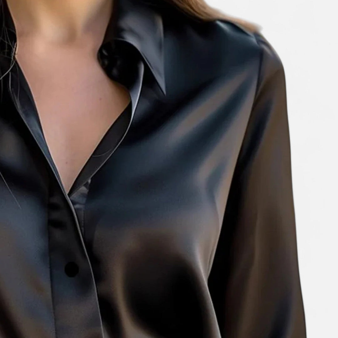 Elvore Mode | Women's Long-Sleeved Black Satin Blouse – Timeless Elegance, Modern Sophistication