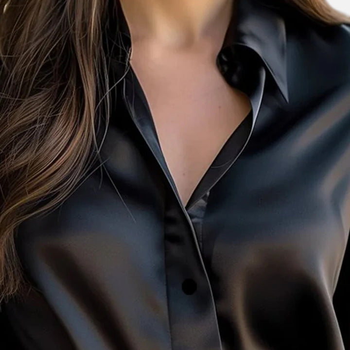 Elvore Mode | Women's Long-Sleeved Black Satin Blouse – Timeless Elegance, Modern Sophistication