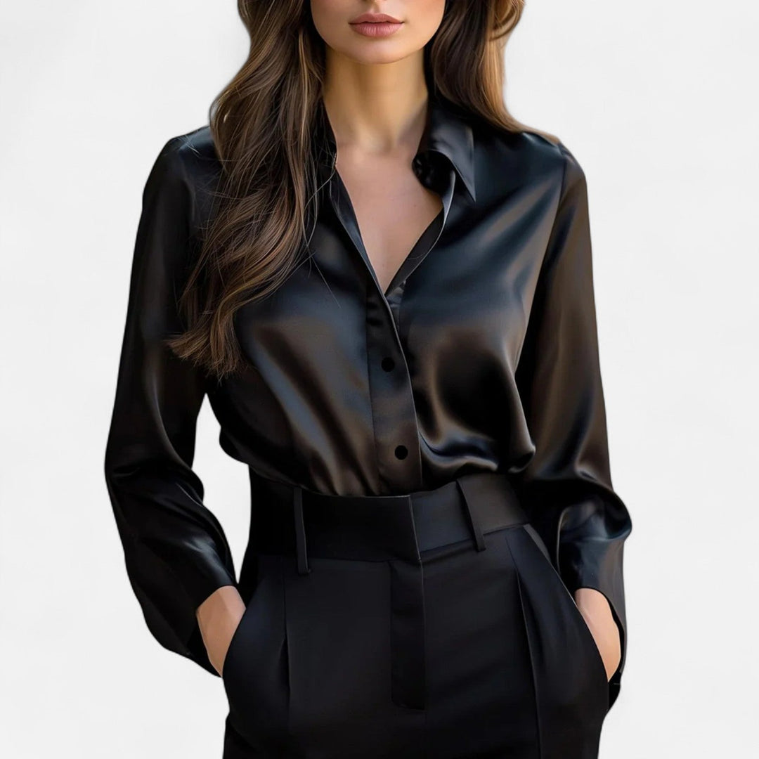 Elvore Mode | Women's Long-Sleeved Black Satin Blouse – Timeless Elegance, Modern Sophistication