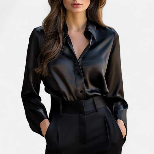 Women’s Satin Blouse | Black | Long-Sleeved | Elegant Button Cuffs