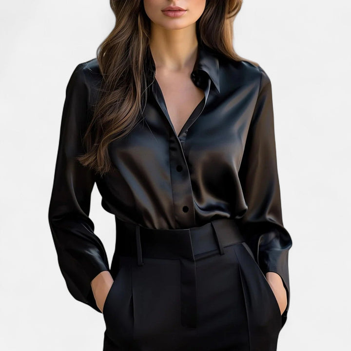 Elvore Mode | Women's Long-Sleeved Black Satin Blouse – Timeless Elegance, Modern Sophistication