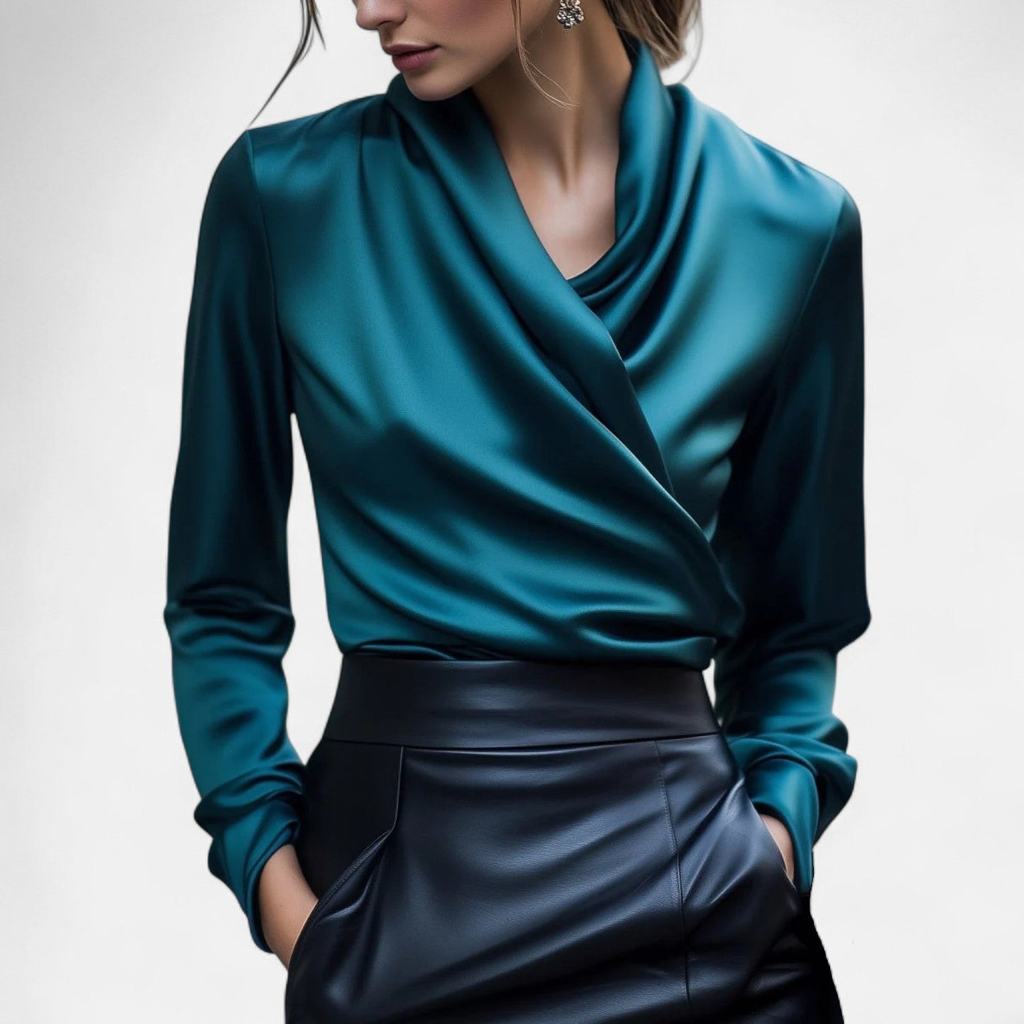 Women’s Satin Blouse | Brown | Lace Detail | Contemporary Elegance