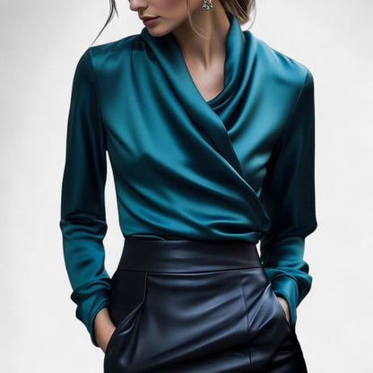 Women’s Satin Blouse | Brown | Lace Detail | Contemporary Elegance