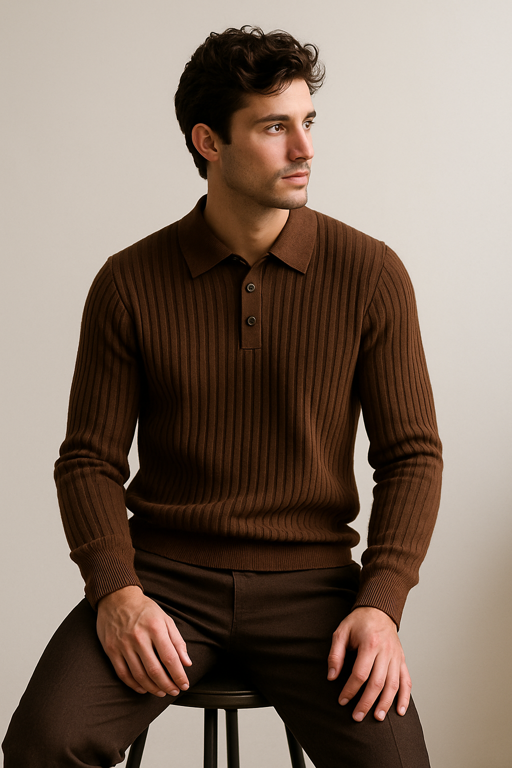 Men’s Long Sleeve Polo Shirt | Cotton Ribbed Knit | Classic Collar | Timeless Comfort