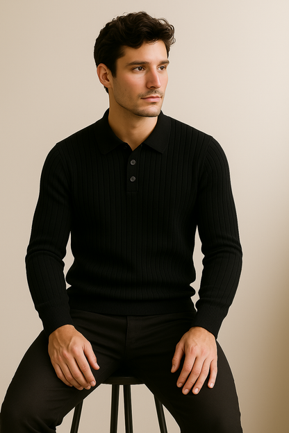Men’s Long Sleeve Polo Shirt | Cotton Ribbed Knit | Classic Collar | Timeless Comfort