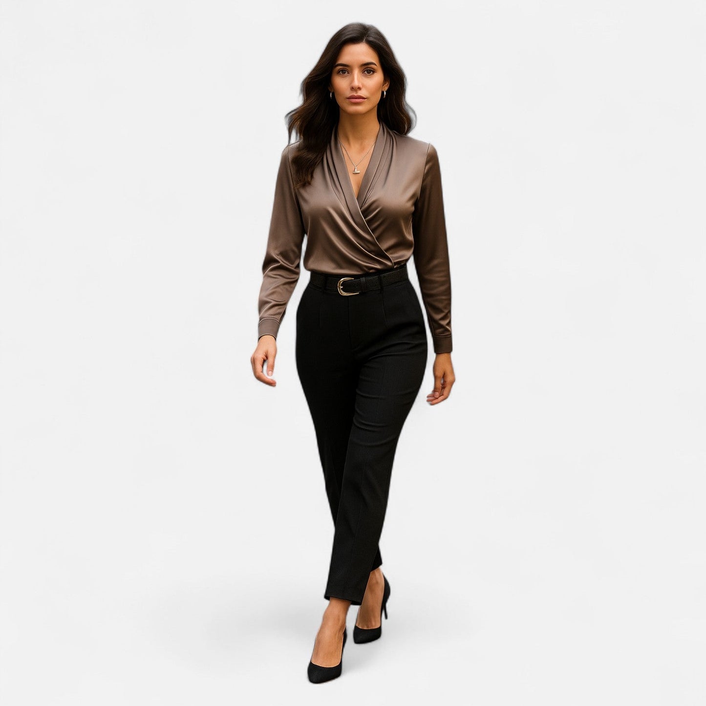 Women’s Satin Blouse | Brown | Lace Detail | Contemporary Elegance