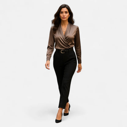 Women’s Satin Blouse | Brown | Lace Detail | Contemporary Elegance