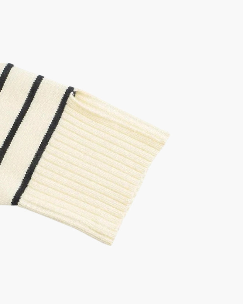 Women’s Knit Sweater | Striped Cream & Navy | Zip-Up Design | Cozy Comfort