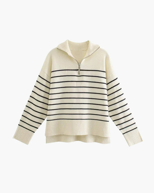 Women’s Knit Sweater | Striped Cream & Navy | Zip-Up Design | Cozy Comfort