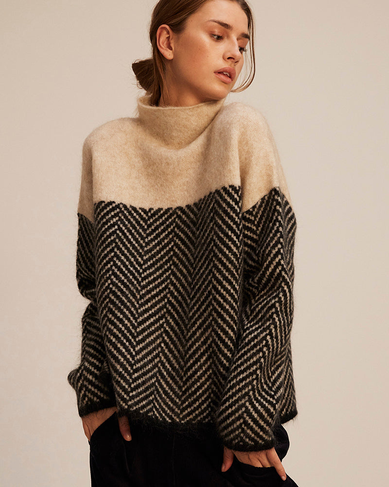 Women’s Sweater | High Collar Knit | Herringbone Pattern | Warm & Stylish