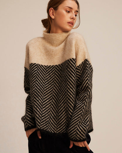Women’s Sweater | High Collar Knit | Herringbone Pattern | Warm & Stylish